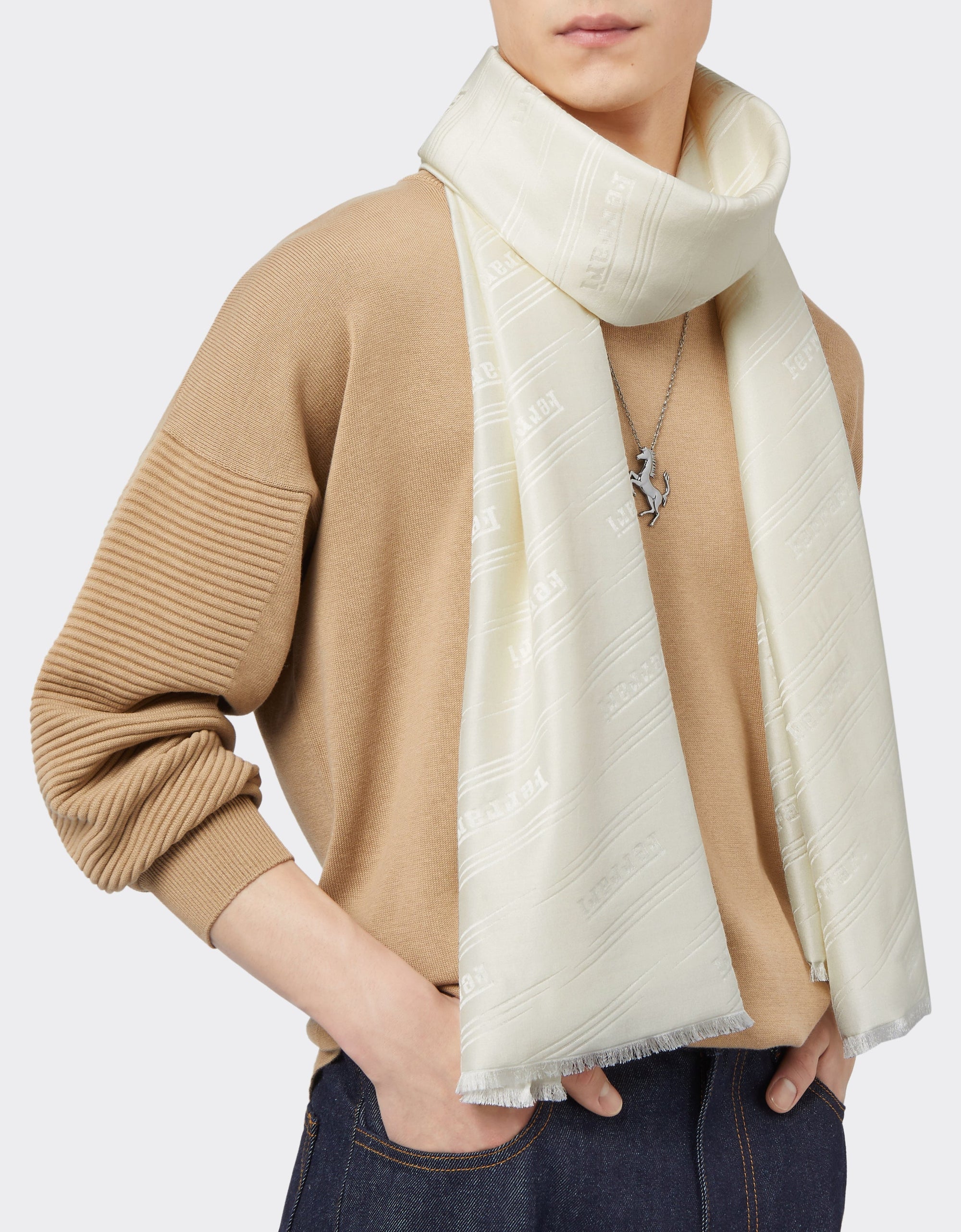 Foulard unisexe avec logo Ferrari en soie - Bianco