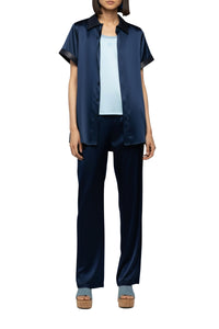 Loose-fitting silk Langelika shirt with belt - Navy