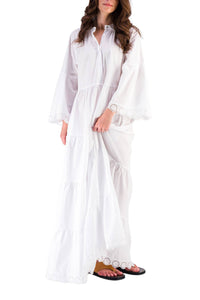 Robe Mex longue avec broderie anglaise et volants - Blanc