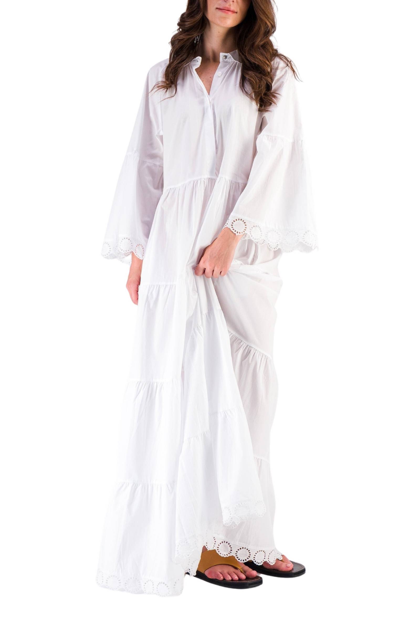 Robe Mex longue avec broderie anglaise et volants - Blanc