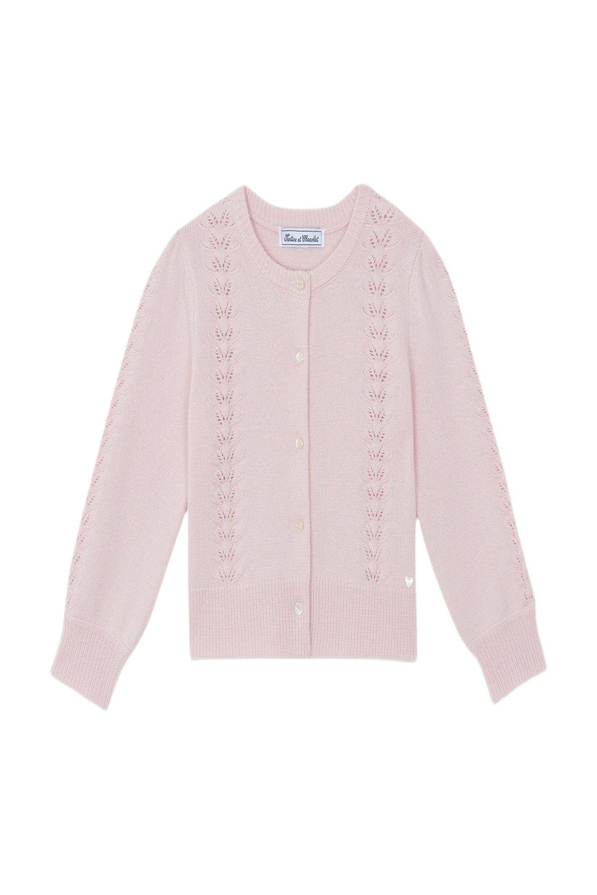 Cardigan - Rose poudré en laine ajourée