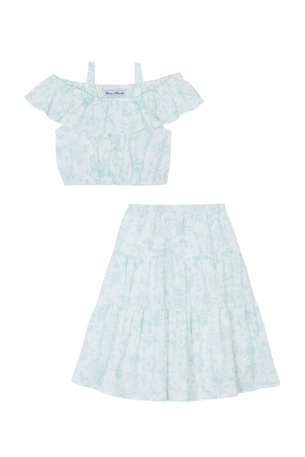 Ensemble long - Vert d'eau inspiration Toile de Jouy