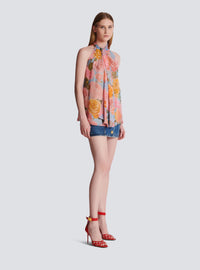 Top à col lavallière imprimé pastel roses - Multicolore
