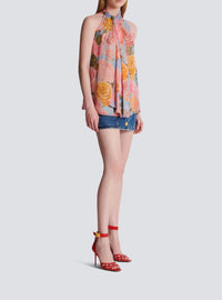 Top à col lavallière imprimé pastel roses - Multicolore