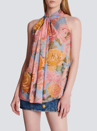 Top à col lavallière imprimé pastel roses - Multicolore