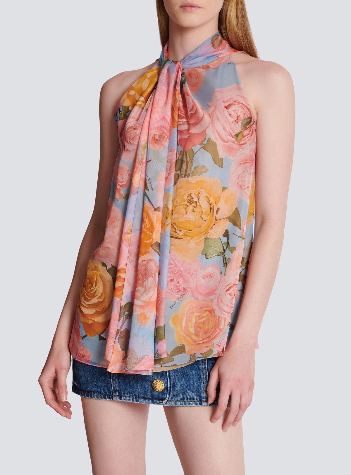 Top à col lavallière imprimé pastel roses - Multicolore