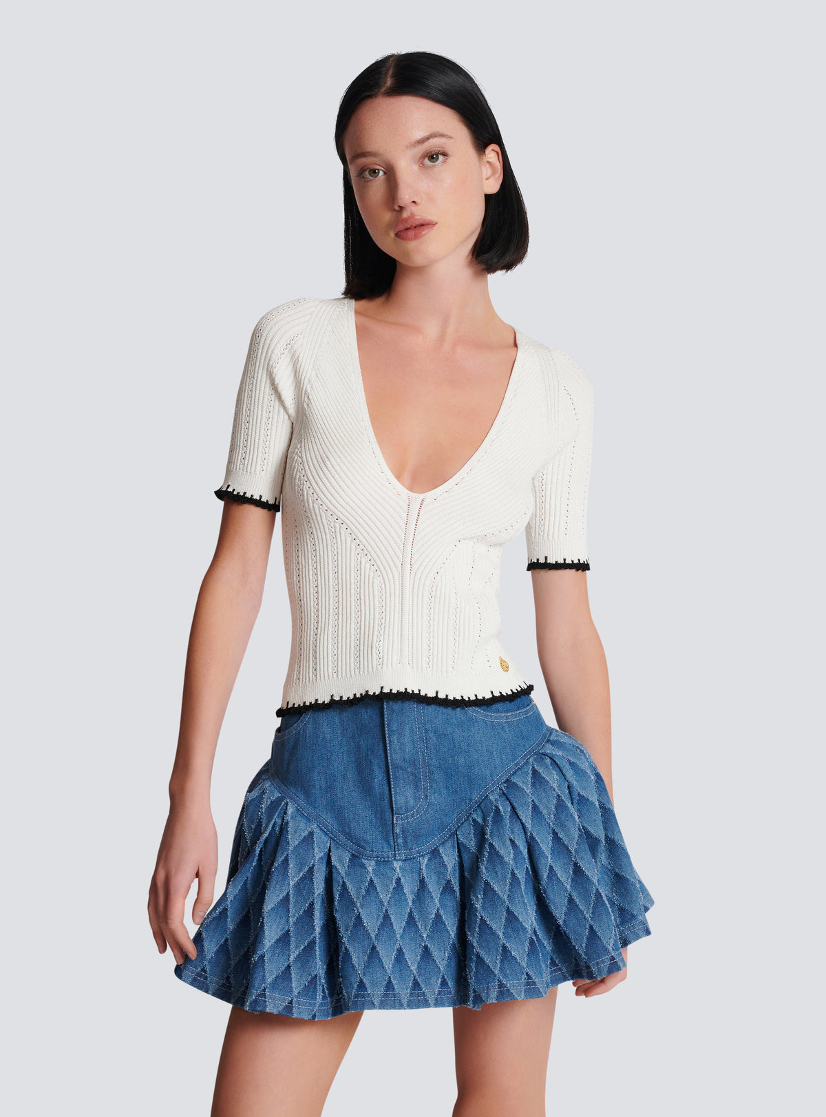 Top en maille col v - Blanc & Noir