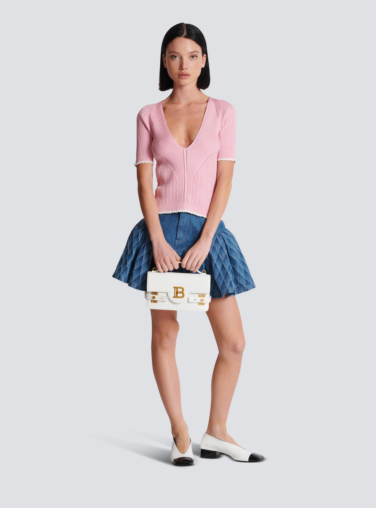 Top en maille col v - Rose & Blanc