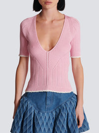 Top en maille col v - Rose & Blanc