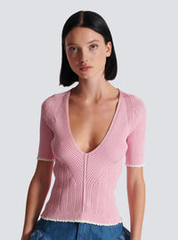 Top en maille col v - Rose & Blanc