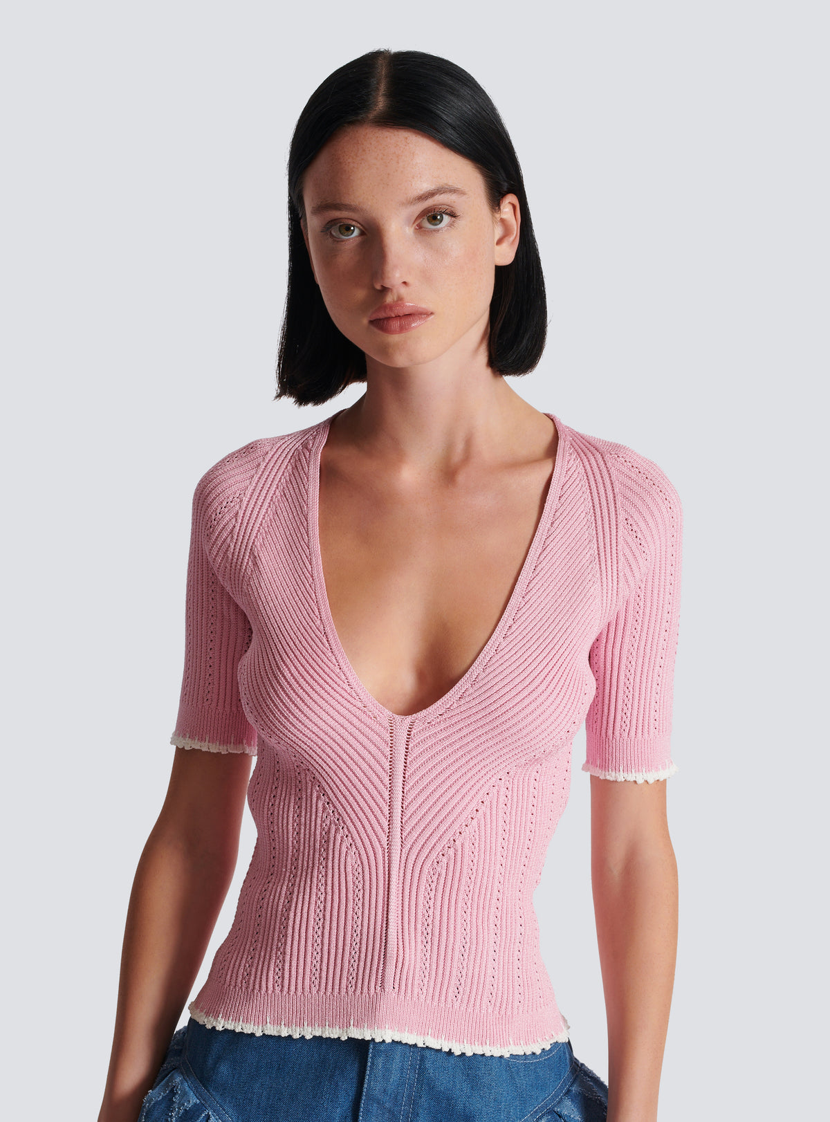Top en maille col v - Rose & Blanc