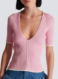 Top en maille col v - Rose & Blanc