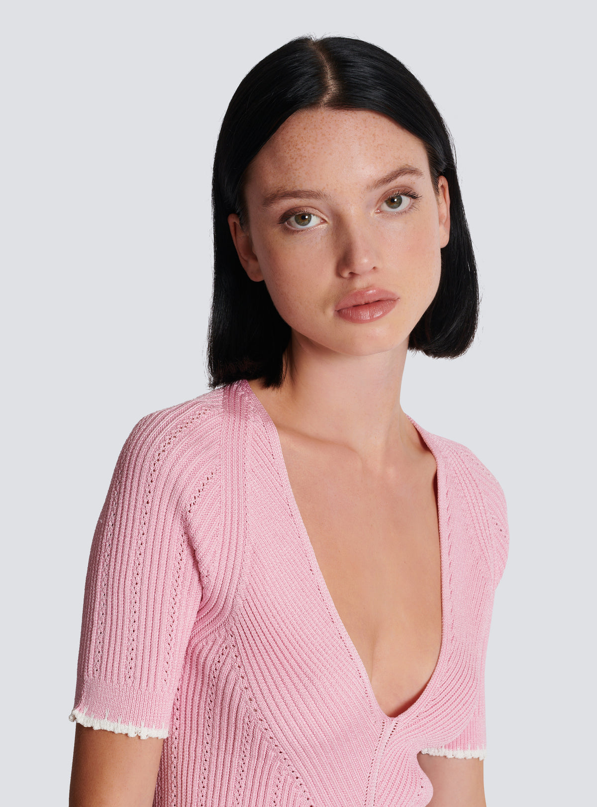 Top en maille col v - Rose & Blanc