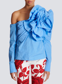 Chemise asymétrique en popeline avec rose - Bleu Ciel