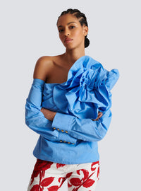 Chemise asymétrique en popeline avec rose - Bleu Ciel