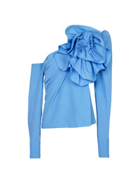 Chemise asymétrique en popeline avec rose - Bleu Ciel
