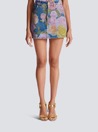 Jupe en denim imprimé pastel roses - Bleu Jean