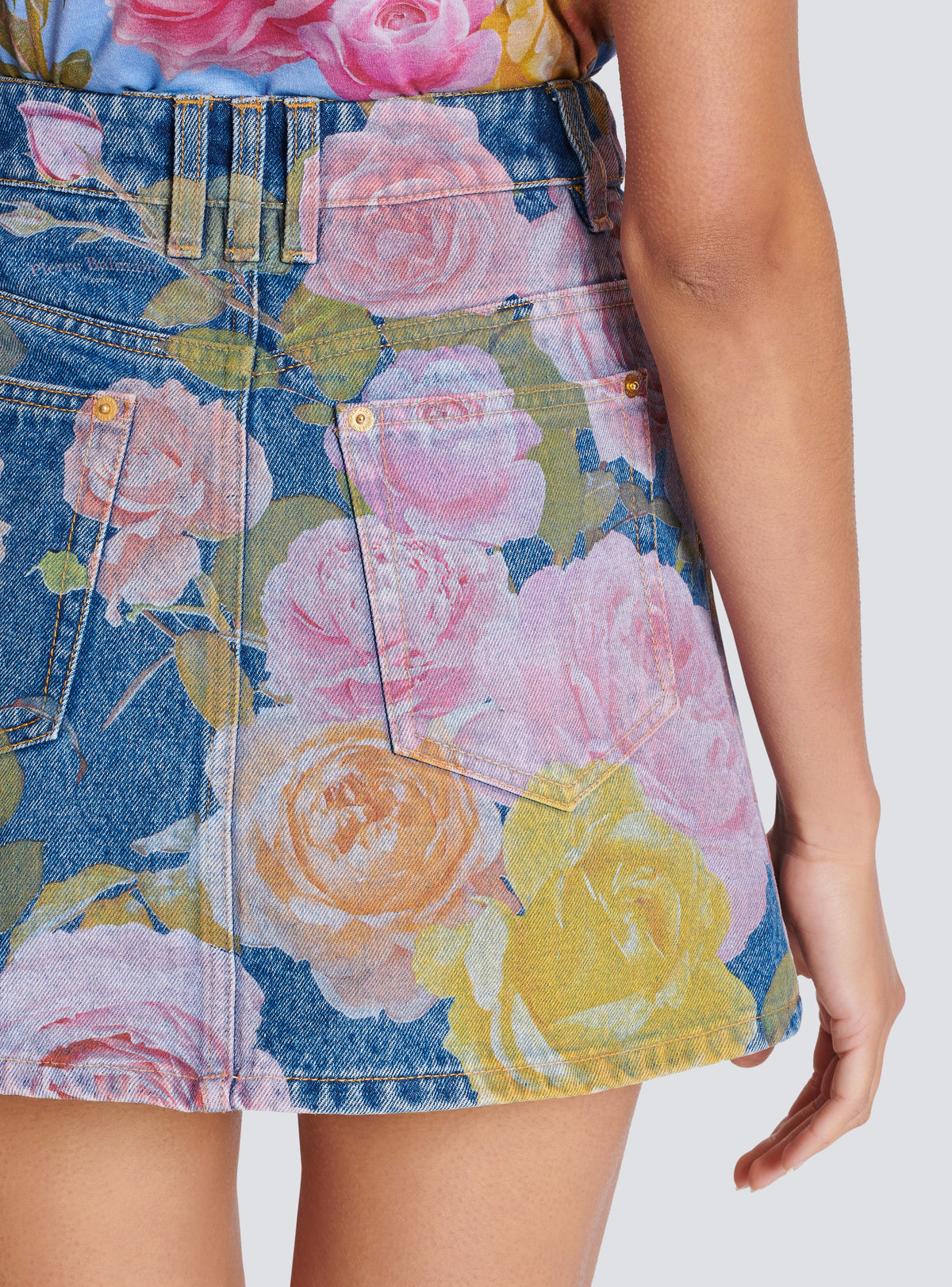 Jupe en denim imprimé pastel roses - Bleu Jean