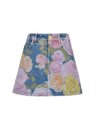 Jupe en denim imprimé pastel roses - Bleu Jean