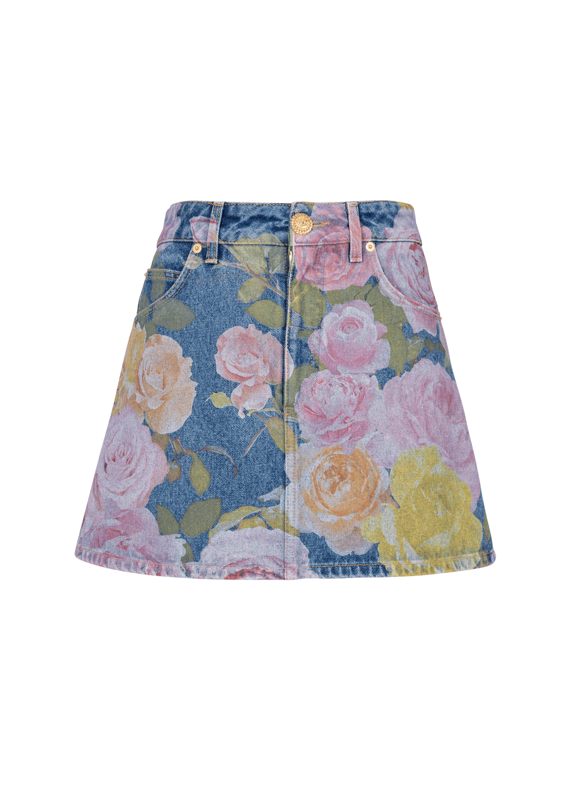 Jupe en denim imprimé pastel roses - Bleu Jean