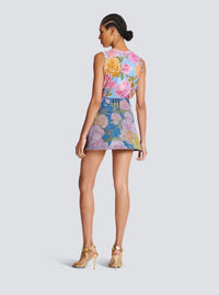 Jupe en denim imprimé pastel roses - Bleu Jean