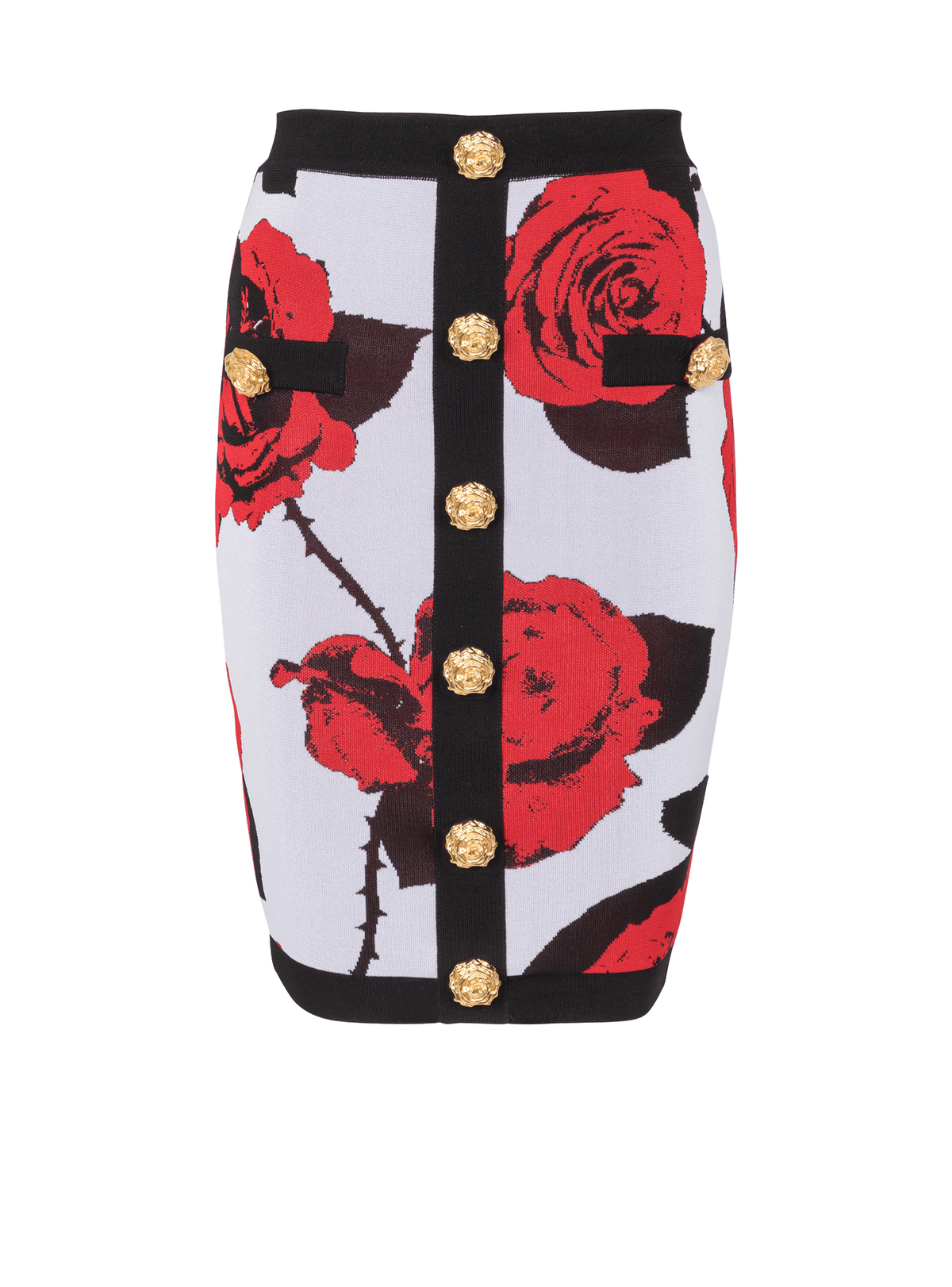 Jupe à boutons imprimé red roses - Blanc & Noir & Rouge