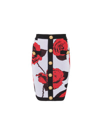 Jupe à boutons imprimé red roses - Blanc & Noir & Rouge