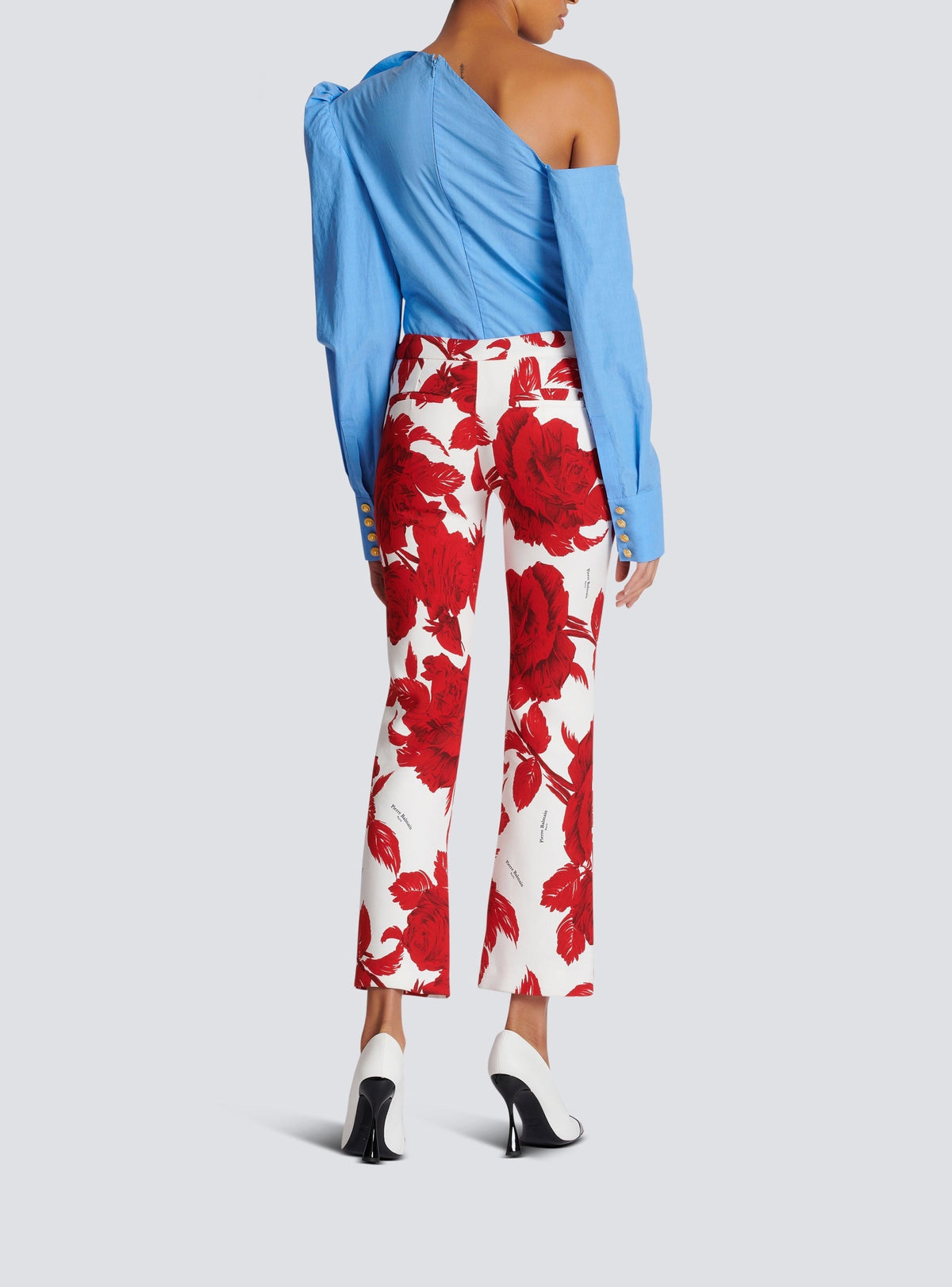 Pantalon en crêpe imprimé roses - Blanc & Rouge
