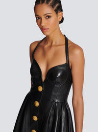 Robe dos-nu évasée et plissée en cuir - Noir