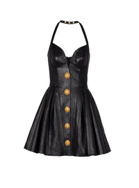 Robe courte dos-nu évasée en cuir - Noir