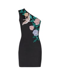 Robe courte asymétrique brodée - Noir & Multico