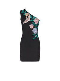Embroidered asymmetric short dress - Black & Multicolor