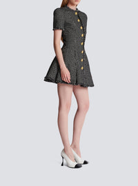 Pleated flared short dress in gingham tweed - White & Black
