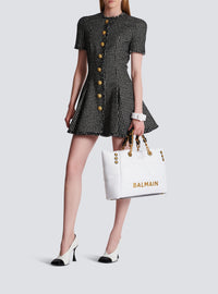 Pleated flared short dress in gingham tweed - White & Black