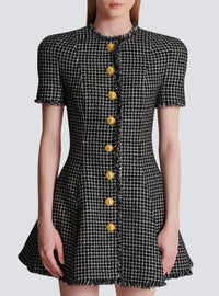 Robe évasée à plis en tweed vichy - Blanc & Noir