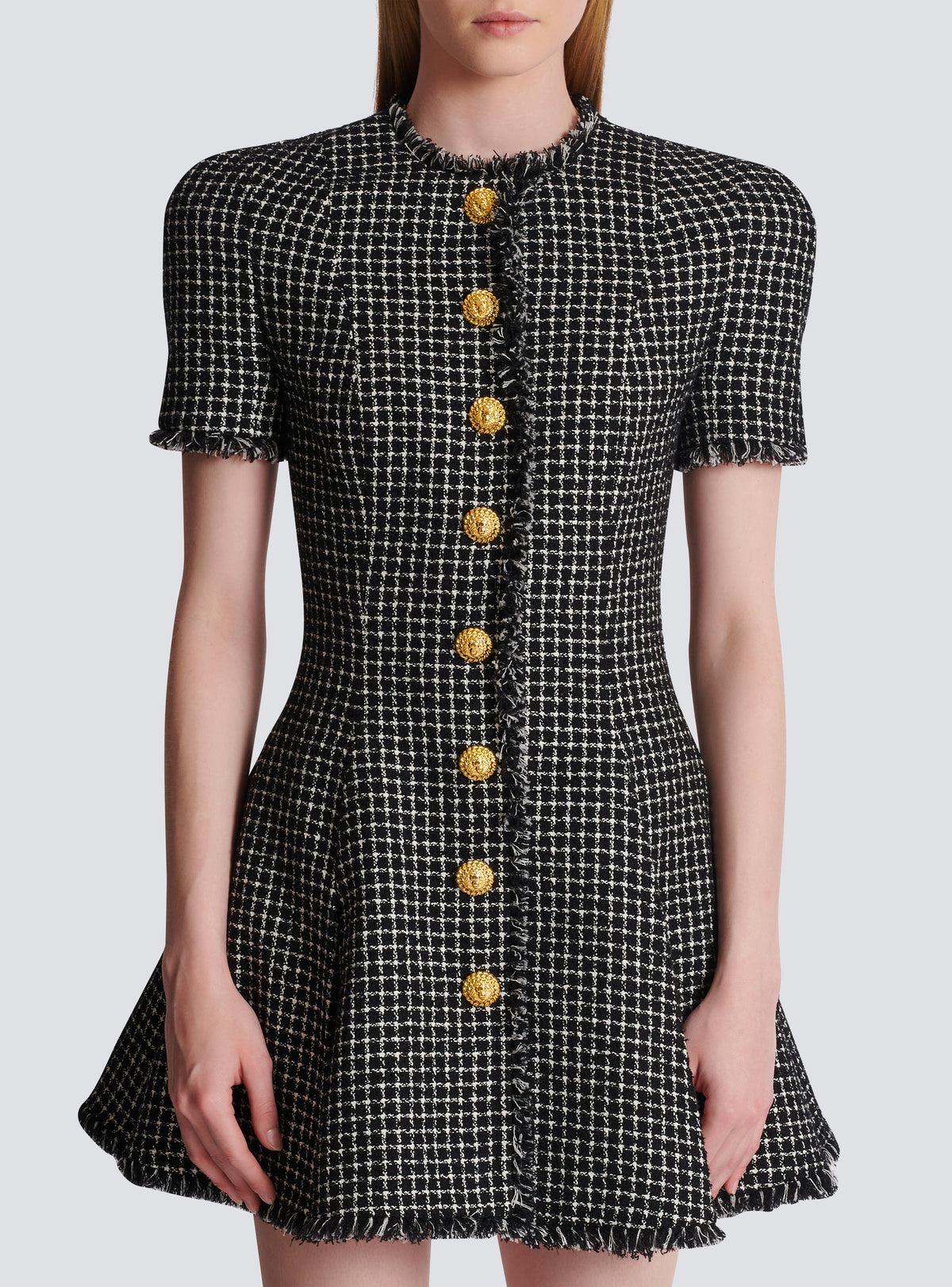 Robe évasée à plis en tweed vichy - Blanc & Noir