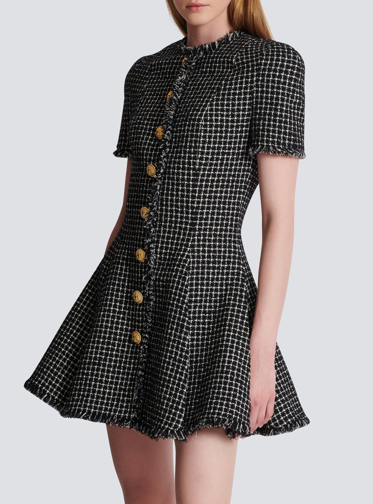 Pleated flared short dress in gingham tweed - White & Black