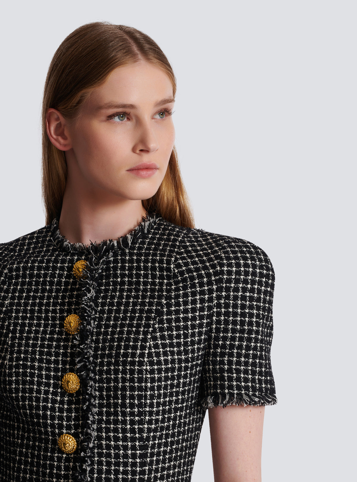 Robe évasée à plis en tweed vichy - Blanc & Noir
