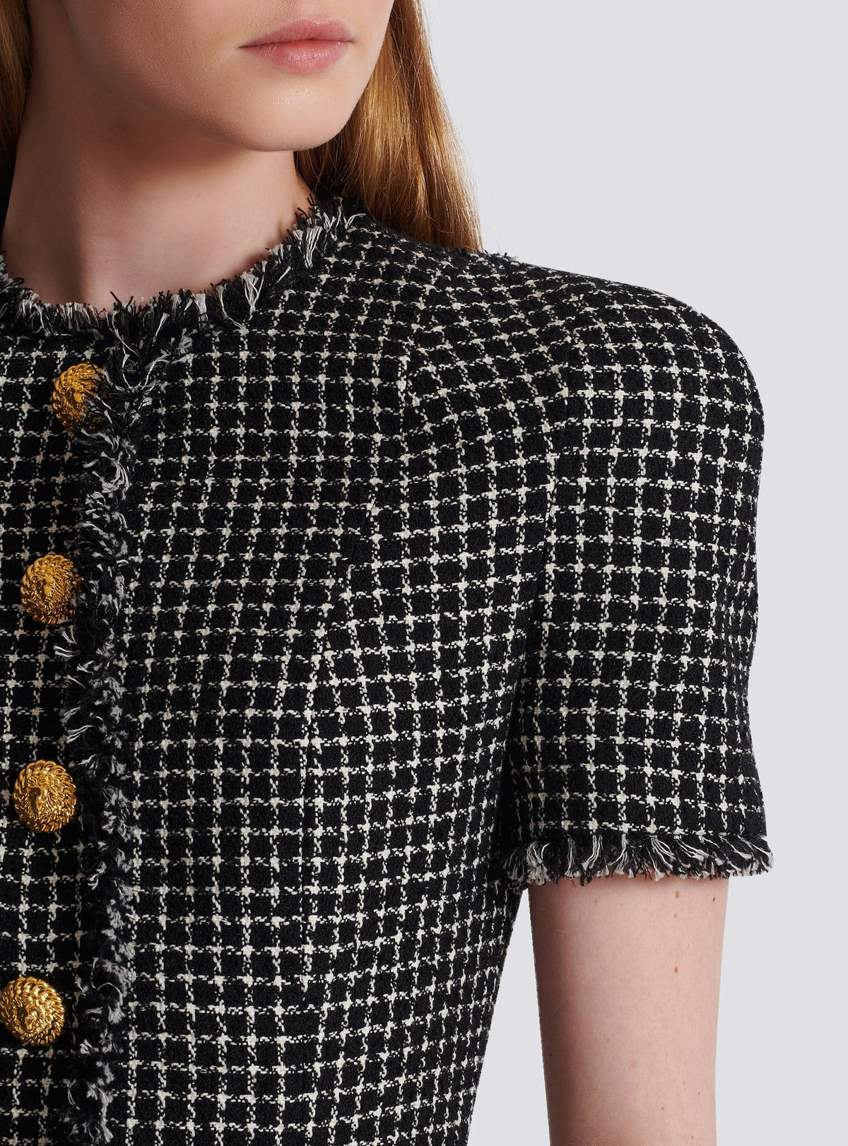 Pleated flared short dress in gingham tweed - White & Black