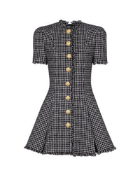 Robe évasée à plis en tweed vichy - Blanc & Noir