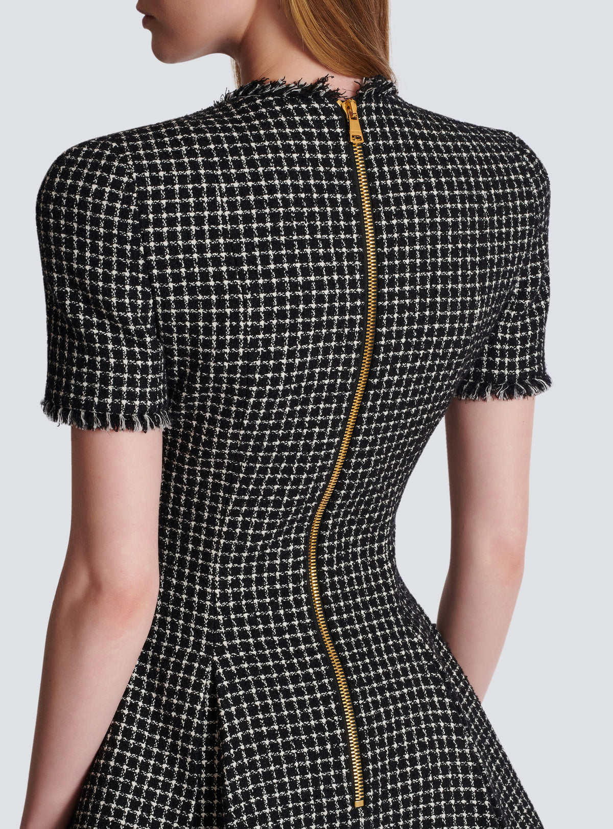 Robe évasée à plis en tweed vichy - Blanc & Noir