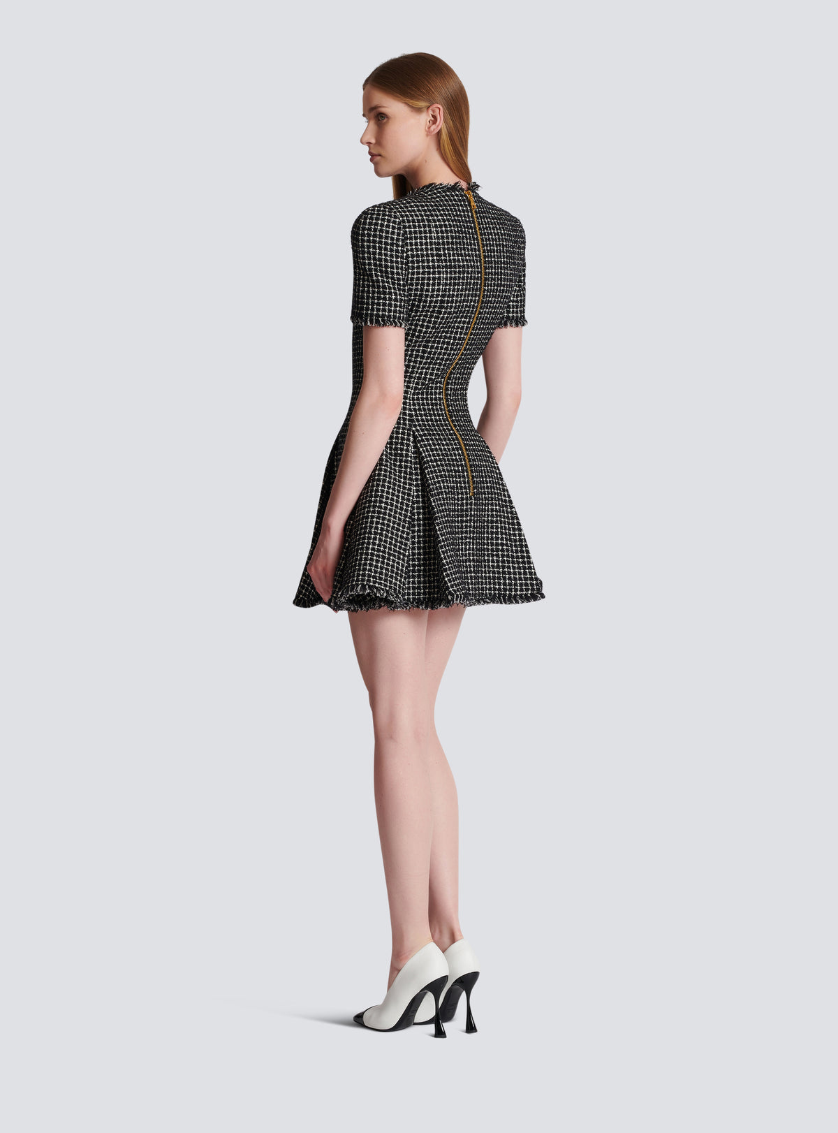 Robe évasée à plis en tweed vichy - Blanc & Noir