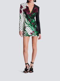 Robe courte brodée roses et polka dots - Noir & Blanc & Multicolore