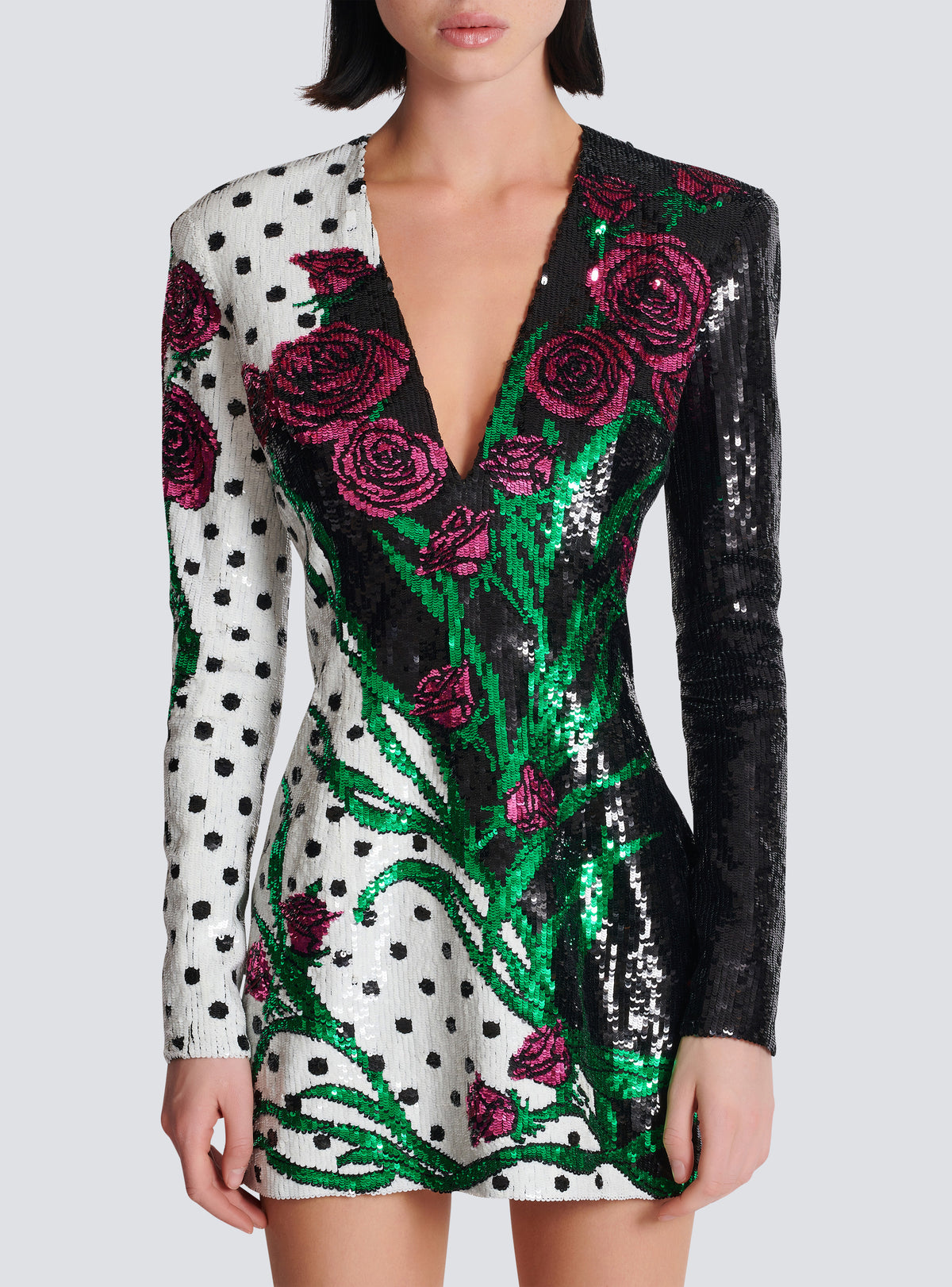 Robe courte brodée roses et polka dots - Noir & Blanc & Multicolore