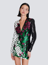 Robe courte brodée roses et polka dots - Noir & Blanc & Multicolore