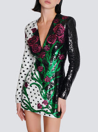 Robe courte brodée roses et polka dots - Noir & Blanc & Multicolore