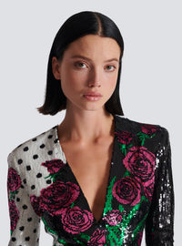 Robe courte brodée roses et polka dots - Noir & Blanc & Multicolore