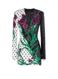 Robe courte brodée roses et polka dots - Noir & Blanc & Multicolore