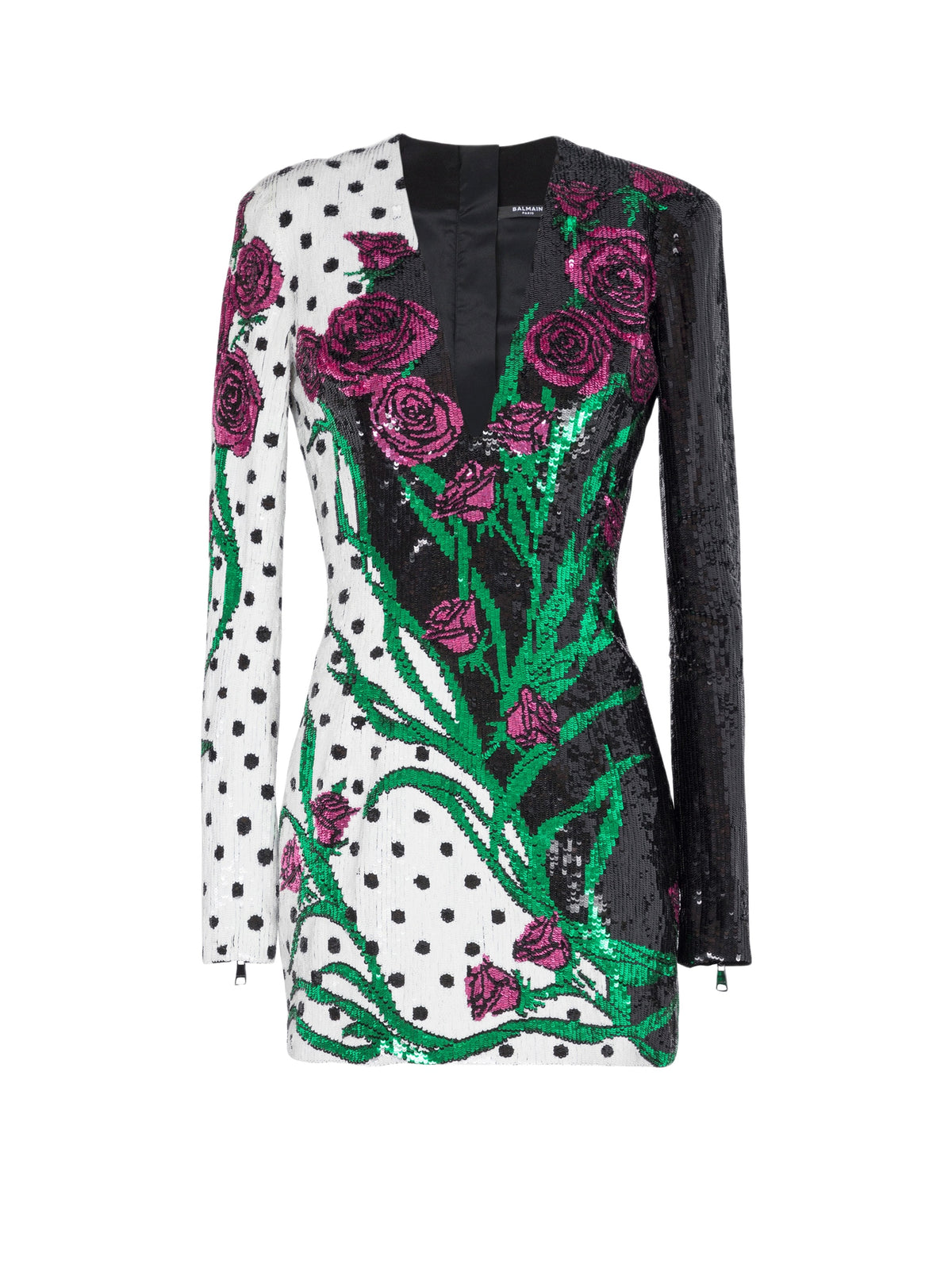 Robe courte brodée roses et polka dots - Noir & Blanc & Multicolore