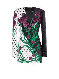 Robe courte brodée roses et polka dots - Noir & Blanc & Multicolore